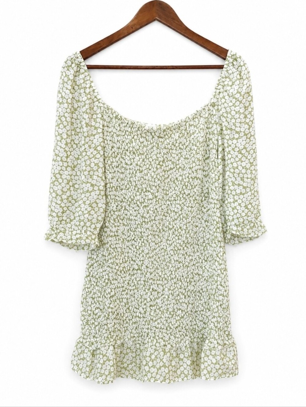 Faithfull The Brand Green Smocked Mini Dress Size L Puff Sleeve Cottagecore